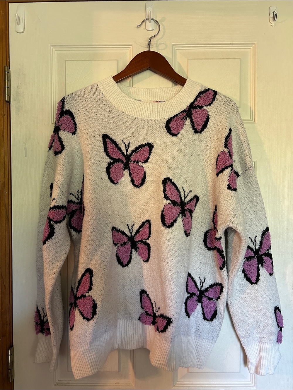 Butterfly Purple and White Crewneck Sweater - Women's Cozy Knit